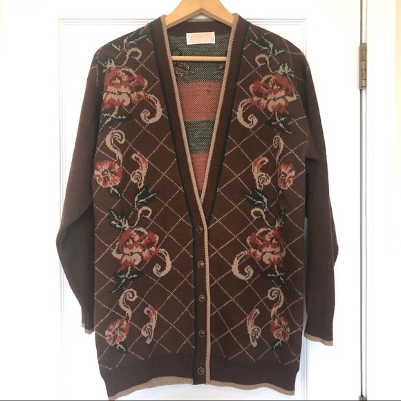 Pendleton Sweaters - Pendleton Vintage Wool Cardigan Brown Rose Pattern